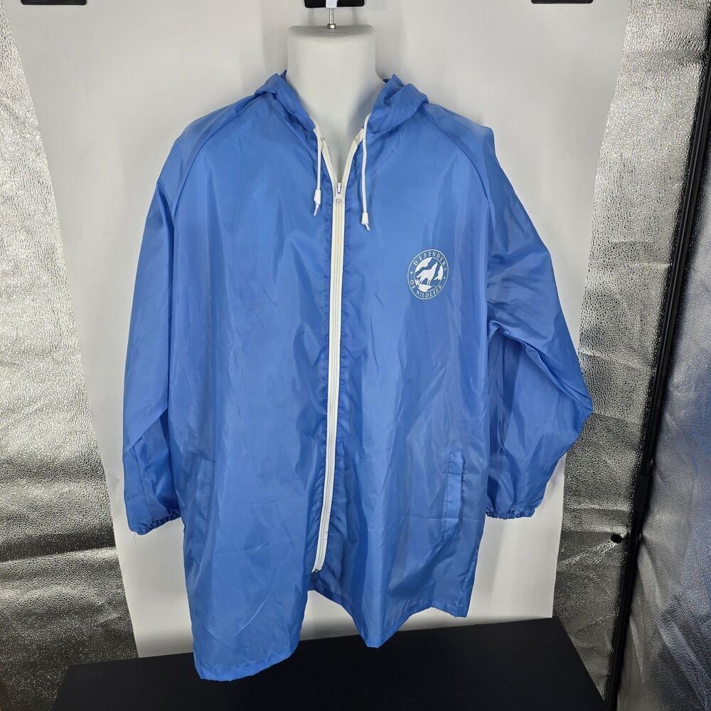 Defenders of Wildlife Jacket Mens One Size Blue Hooded Full Zip Rain Windbreaker